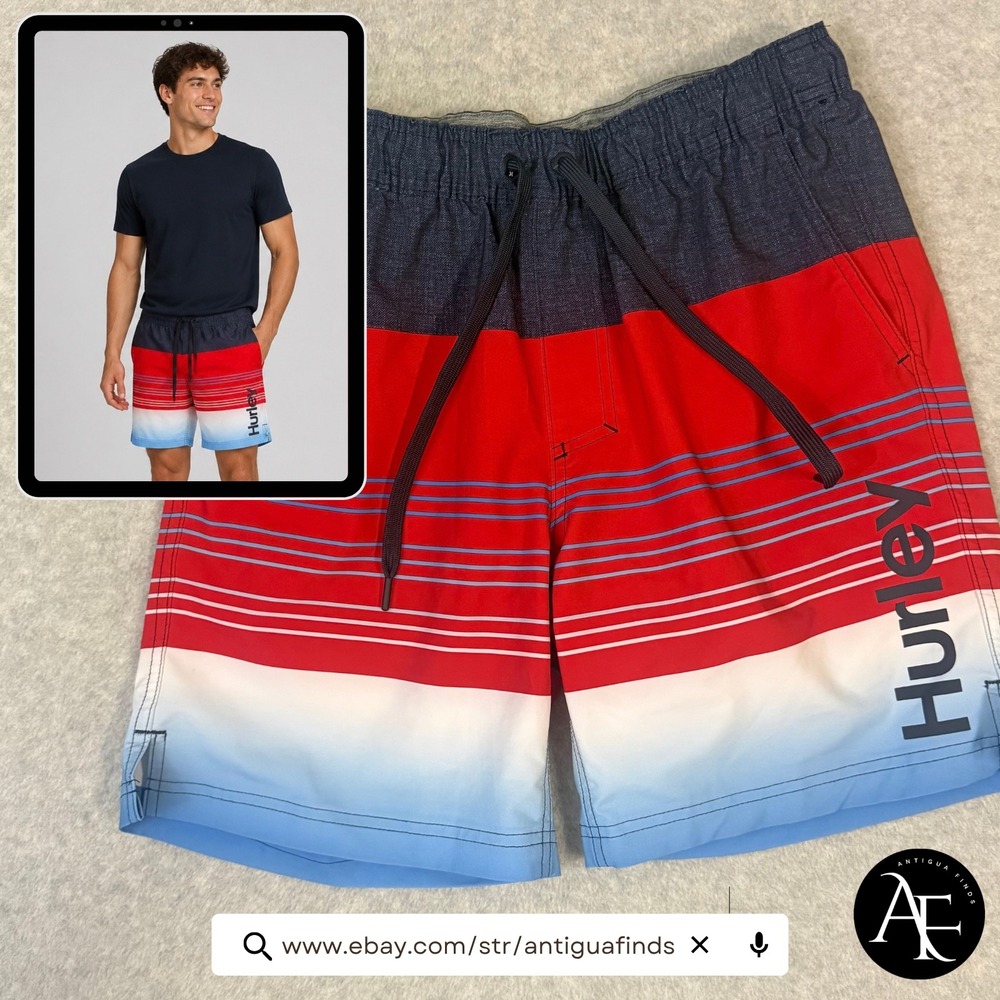 Hurley Mens Board Shorts Medium Red Blue Striped Swim Trunks Drawstring Pocket